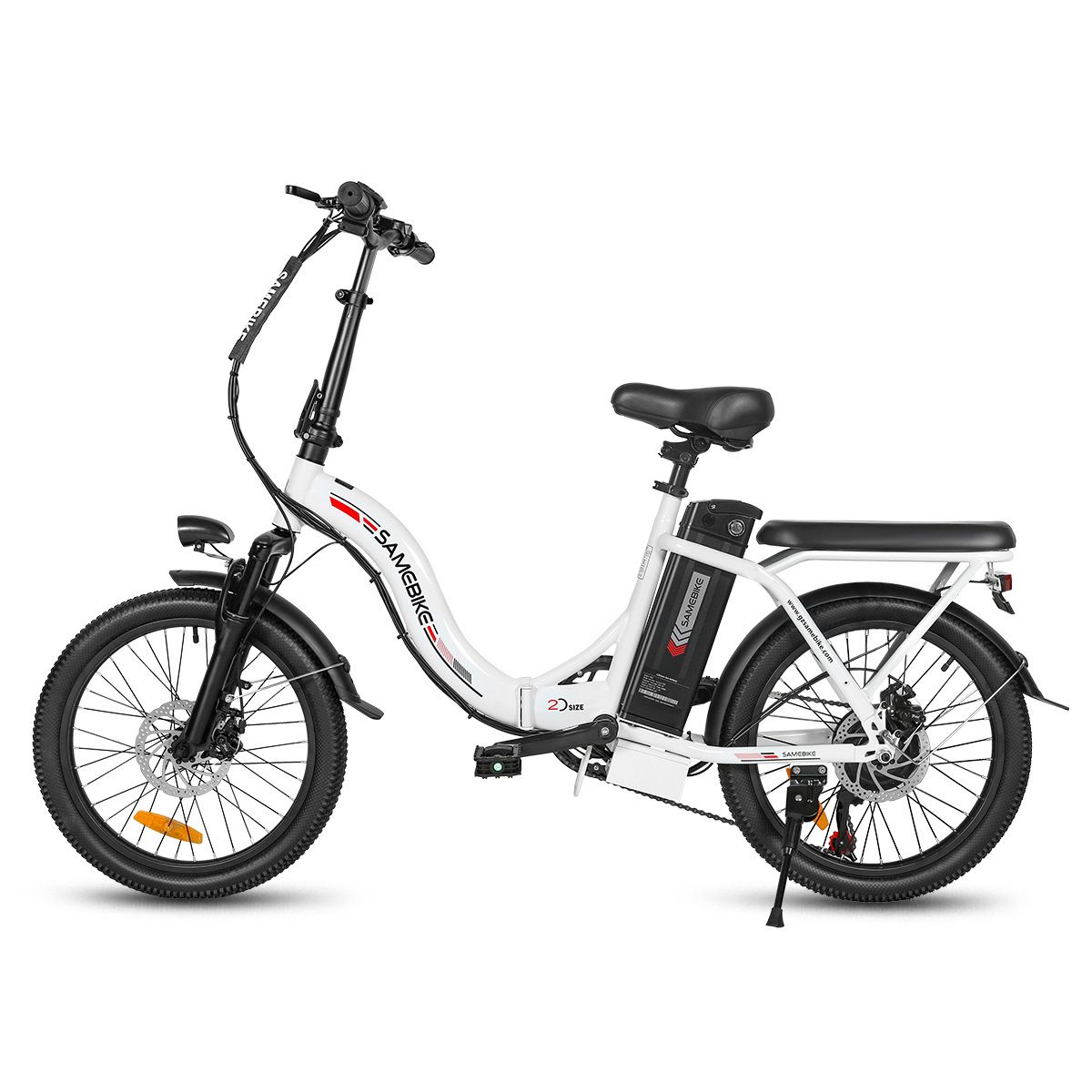 E-bike pieghevole bianca e nera, con portapacchi e faro. Marchio SAMEBIKE.