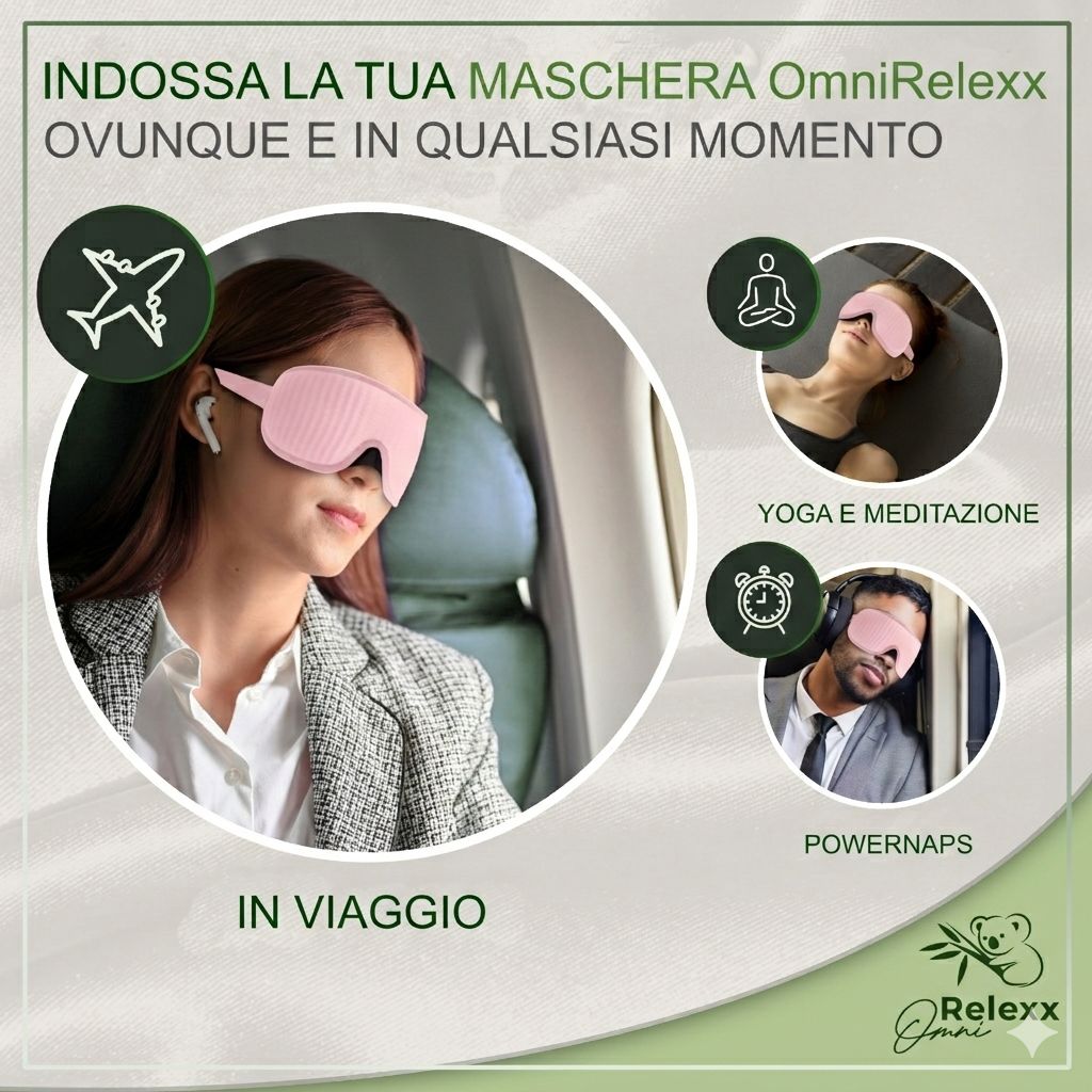 Donna con maschera per dormire rosa in aereo, yoga, pisolini. Testo: Indossa la tua maschera OmniRelexx ovunque.
