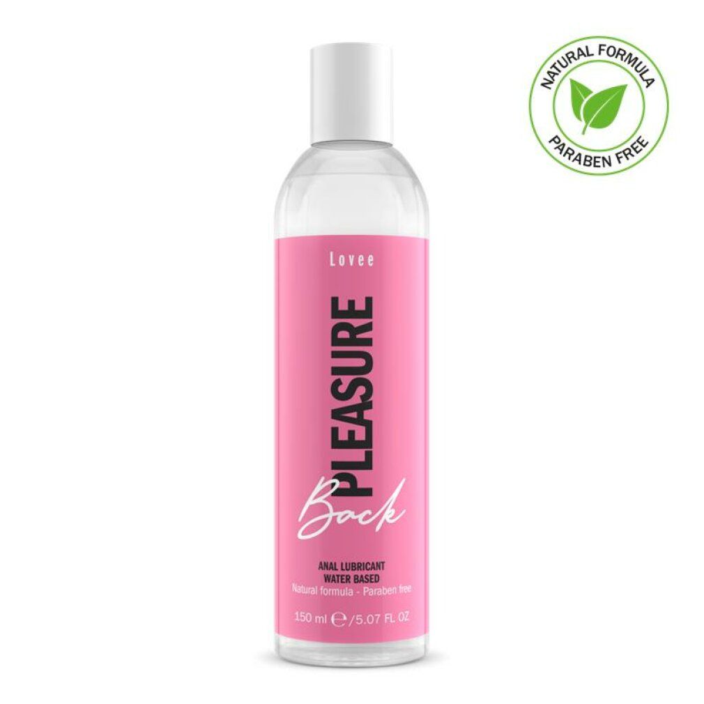 Flacone trasparente con etichetta rosa. Scritta "PLEASURE Back". Contiene 150 ml. Lubrificante anale a base d'acqua. Marchio: Lovee. Sigillo: Formula naturale, senza parabeni.