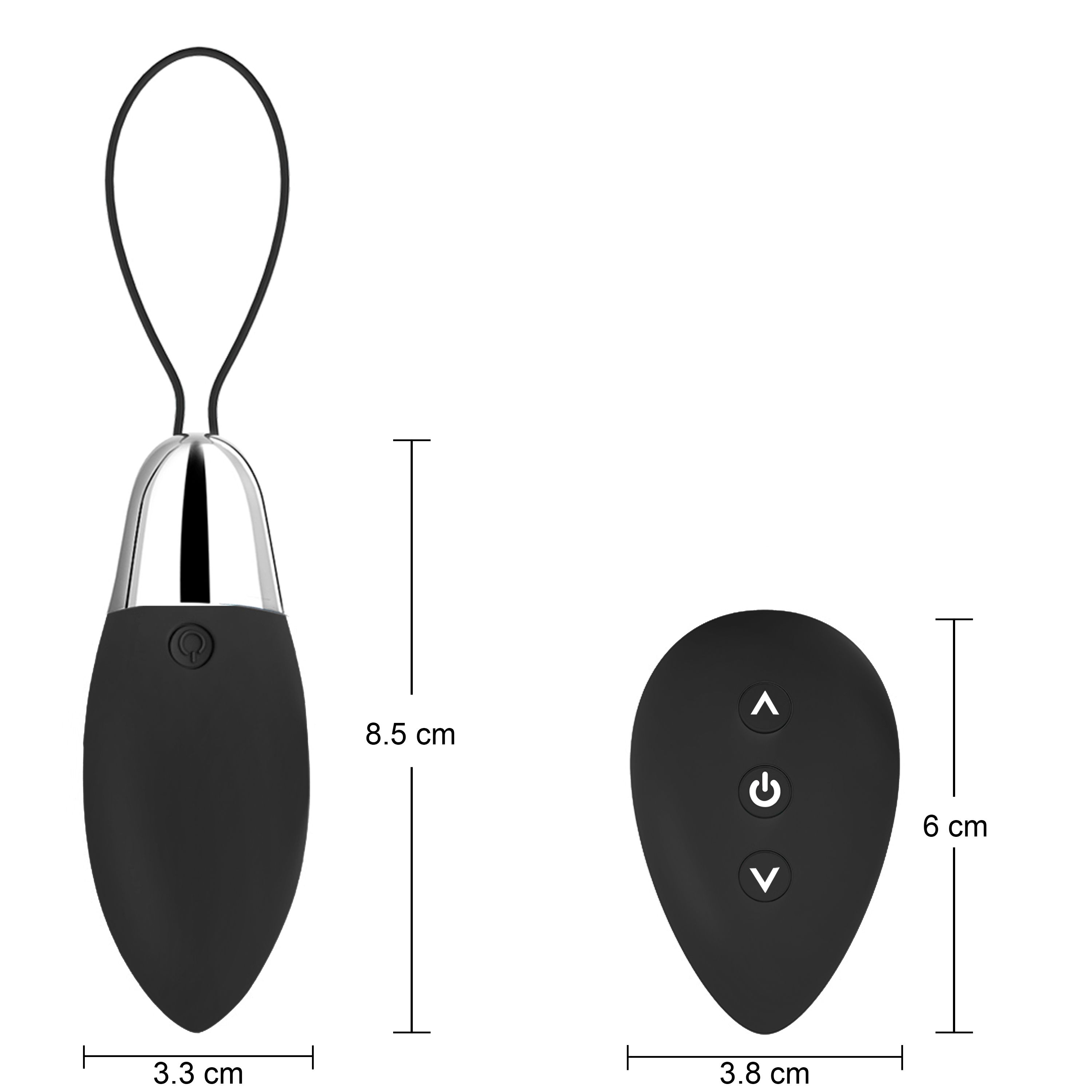 Prodotto nero ovale con testa argentata, anello e telecomando separato. Dimensioni: 8,5 cm, 3,3 cm, 6 cm, 3,8 cm. Pulsante on/off.