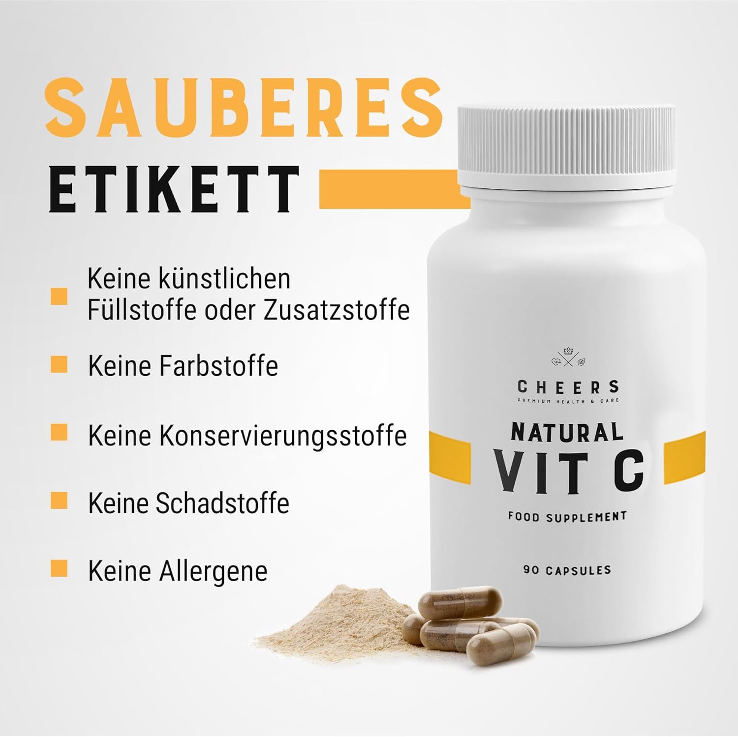 Flacone CHEERS Natural Vit C, capsule e polvere. Testo: Nessun riempitivo artificiale, coloranti, conservanti, sostanze nocive, allergeni.