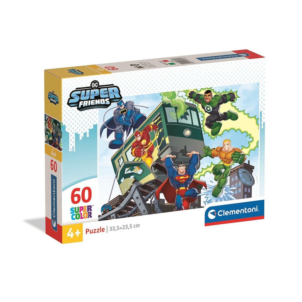 Scatola puzzle DC Super Friends, 60 pezzi. Marchio Clementoni. Dimensioni 33,5 x 23,5 cm. Età 4+