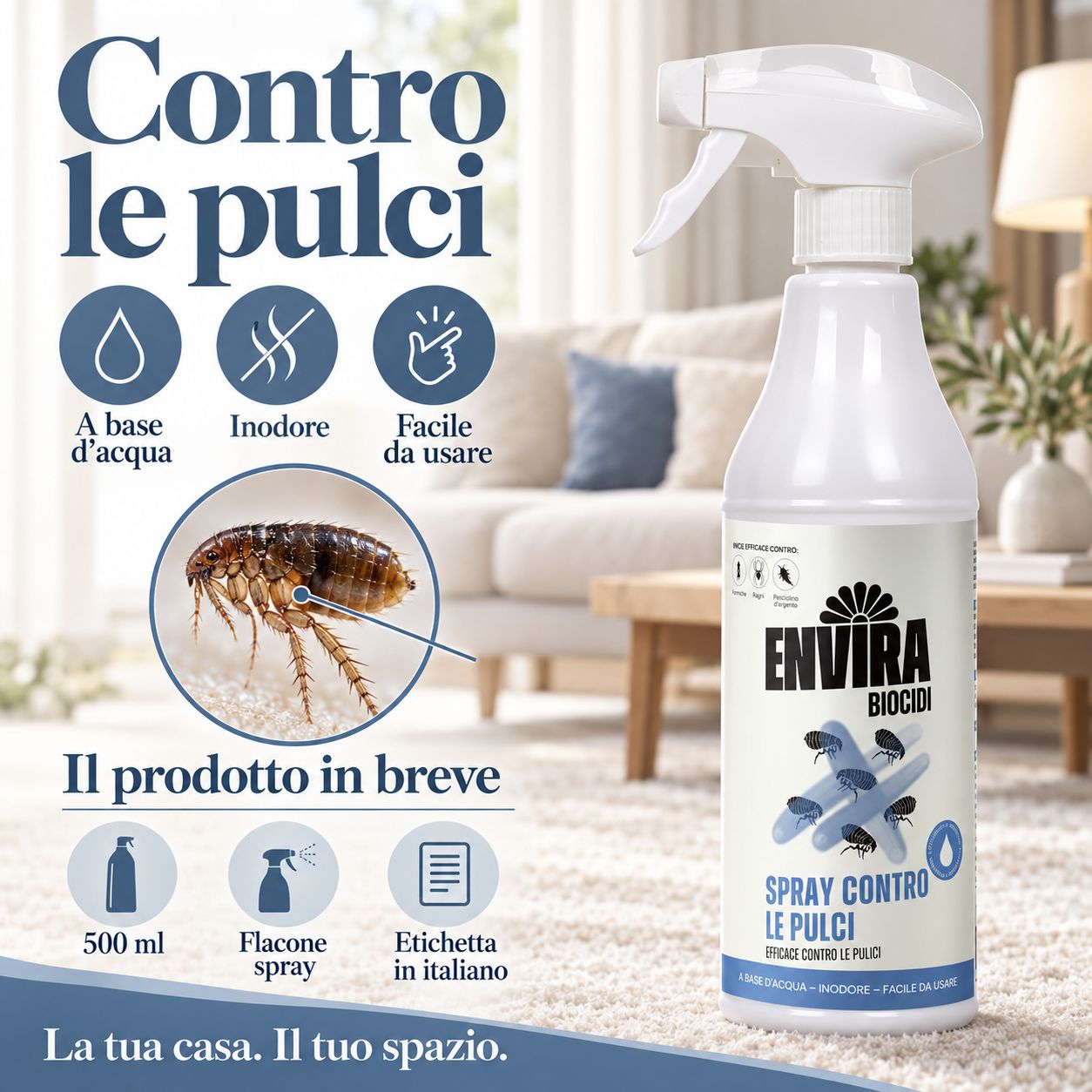 Un prodotto spray antiparassitario con una grossa pulce in primo piano.