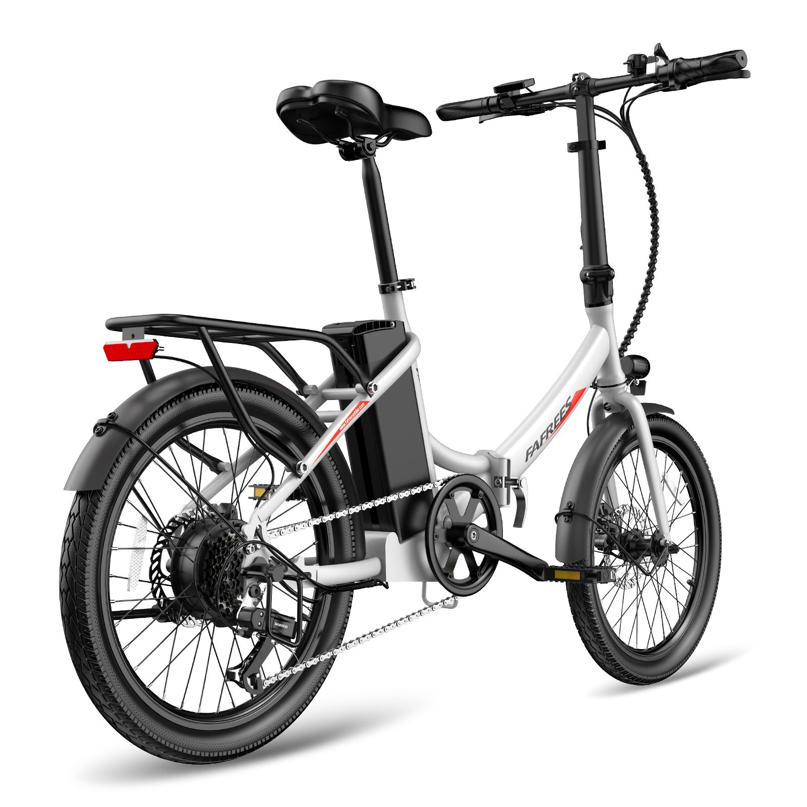 E-bike Fafrees F20Light argento. Sella, pneumatici e portapacchi neri. Fanale posteriore visibile.