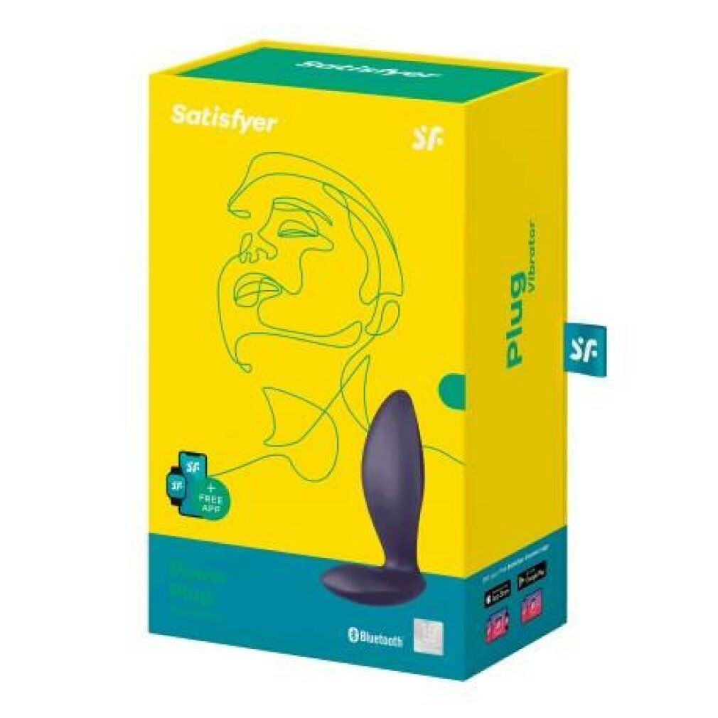 Vibratore viola in confezione gialla. Scritta: Satisfyer, Plug Vibrator, controllo app. Logo Bluetooth.