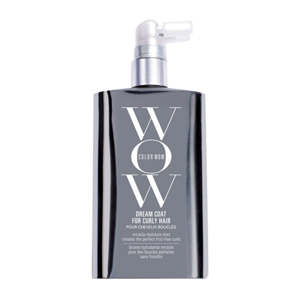 Flacone grigio con erogatore spray. Scritta: Color Wow, Dream Coat for Curly Hair. Testo: Miracle moisture mist creates the perfect frizz-free curls.