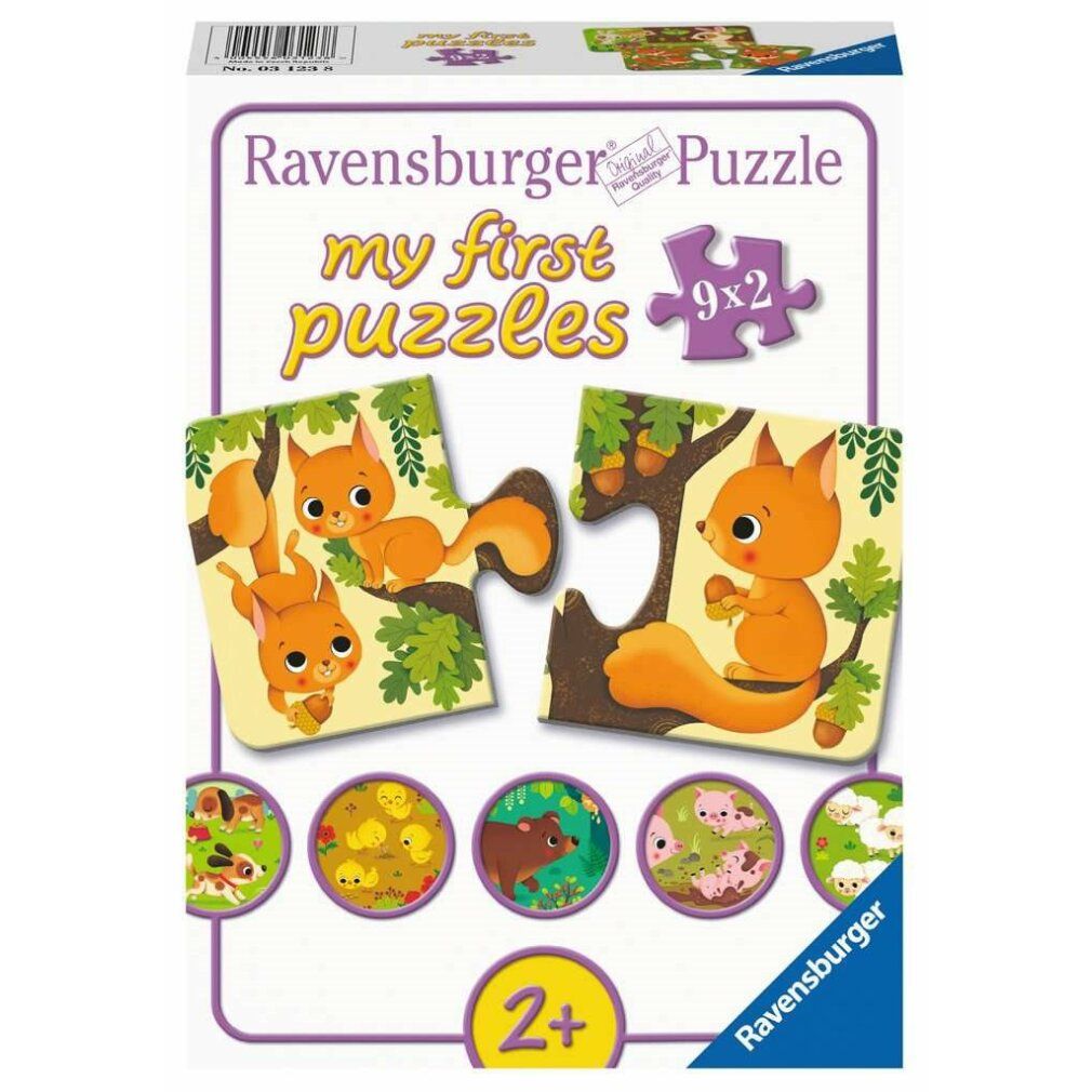 Scatola puzzle 9x2 pezzi. Soggetto: scoiattoli. Età: 2+. Marca: Ravensburger.