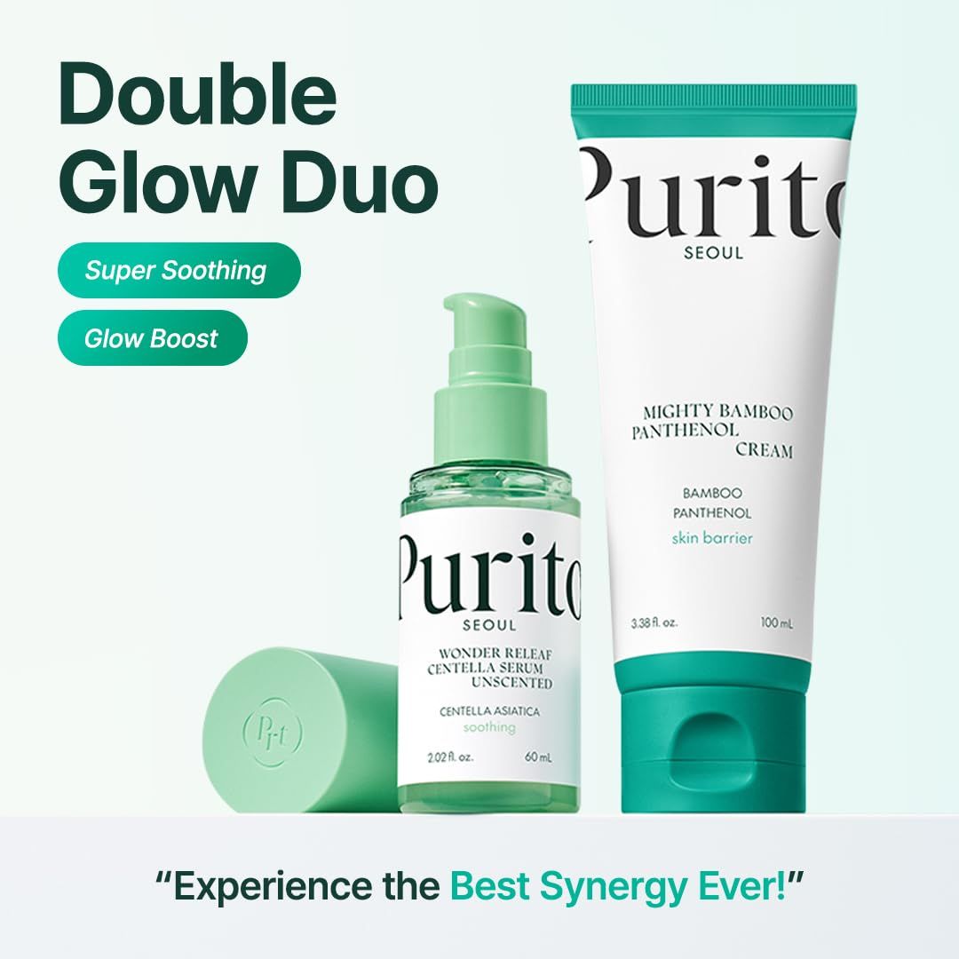 Due prodotti. Tubo di crema e siero. Scritta: Purito Seoul. Mighty Bamboo Panthenol Cream e Wonder Relief Centella Serum.
