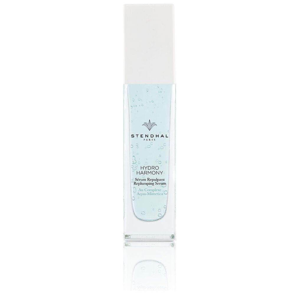 Flacone rettangolare trasparente con tappo bianco. Scritta: Stendhal Paris, Hydro Harmony, Sérum Repulpant. Liquido blu visibile.