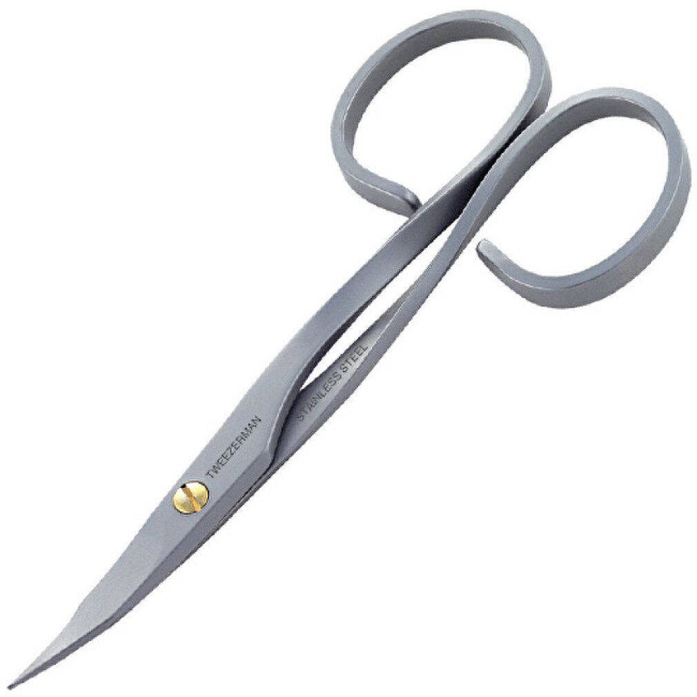 Forbici per unghie in acciaio inox. Manici curvi, lame affilate. Marchio Tweezerman, scritta "Stainless Steel".