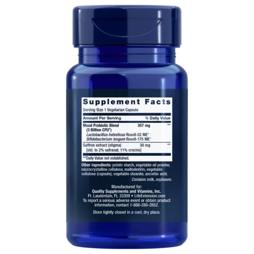 Retro del flacone Life Extension Florassist Mood Improve con informazioni nutrizionali e ingredienti.