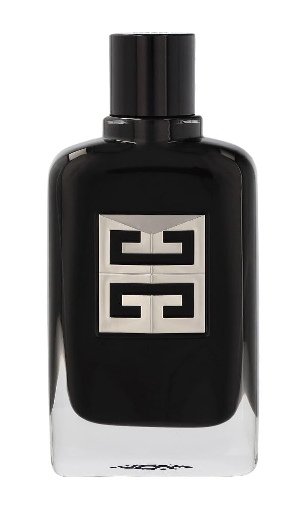 Flacone nero con logo argentato. Tappo nero. Forma rettangolare con angoli arrotondati. Base in vetro trasparente.