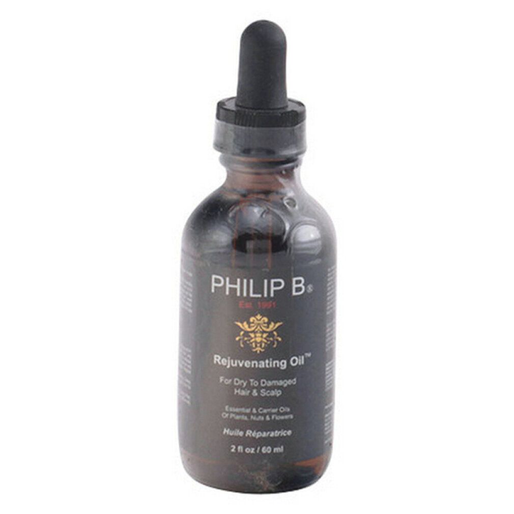 Flacone di vetro marrone con contagocce. Scritta: Philip B. Rejuvenating Oil. Per capelli secchi e danneggiati e cuoio capelluto. 2 fl oz / 60 ml.