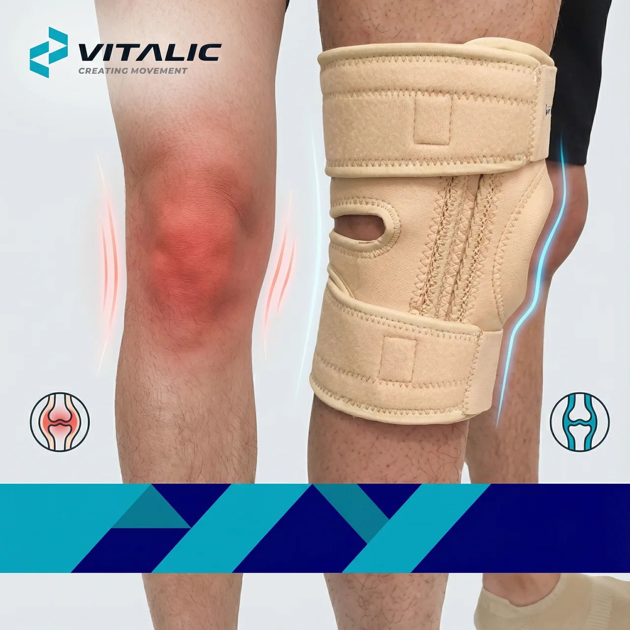 Ginocchiera beige sulla gamba. Simboli rossi di dolore e osso. Logo VITALIC.