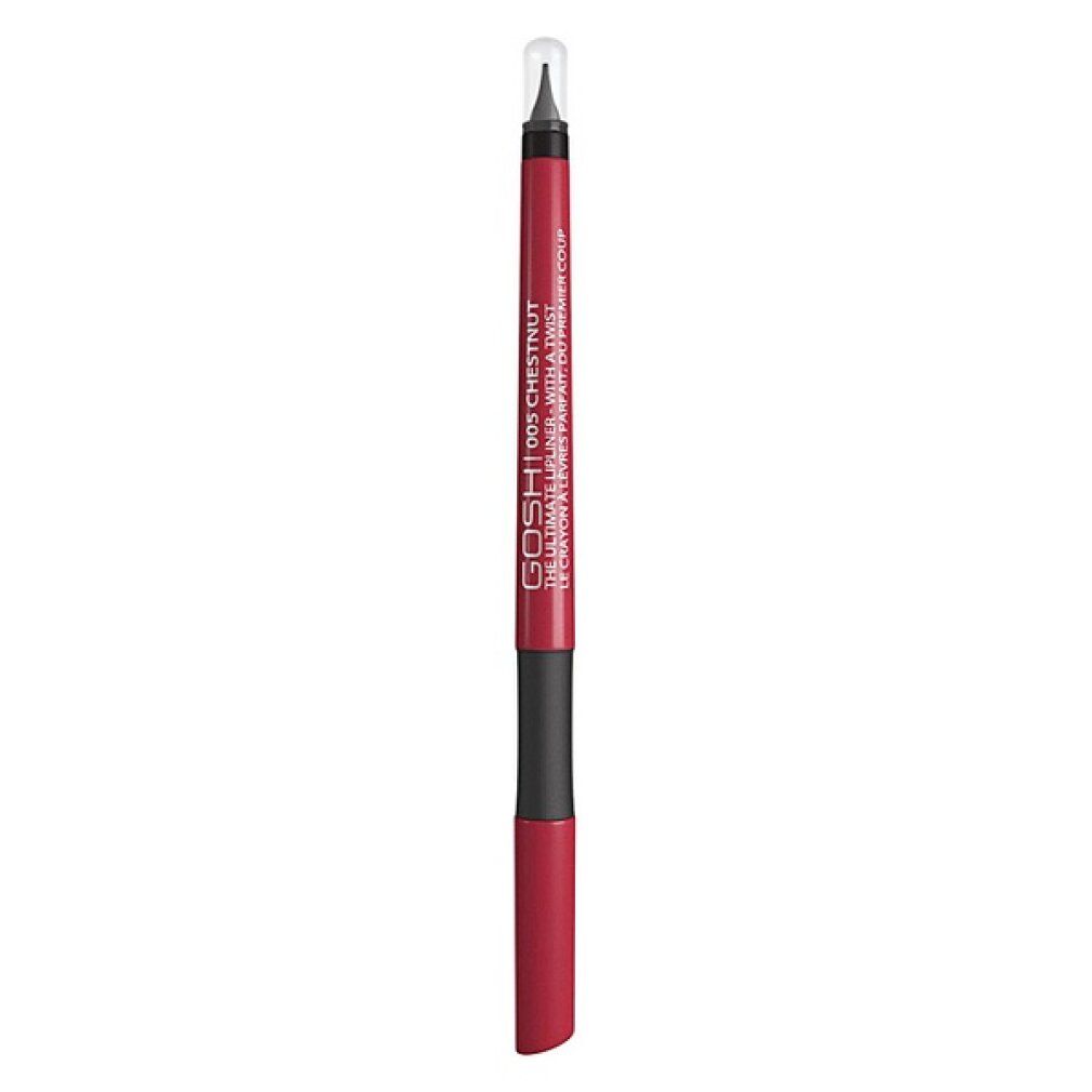 Gosh The Ultimate Lipliner 005 Chestnut. Matita con punta e cappuccio. Colore castano. Sezione centrale nera. Testo: GOSH, 005 CHESTNUT.