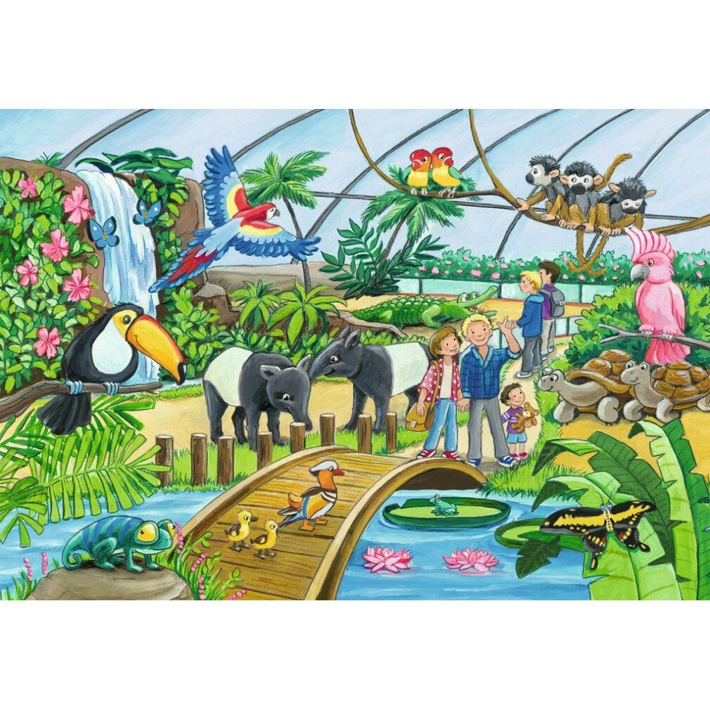 Motivo puzzle: zoo con ponte, cascata, uccelli, scimmie, tartarughe e bambini. Ambiente tropicale.