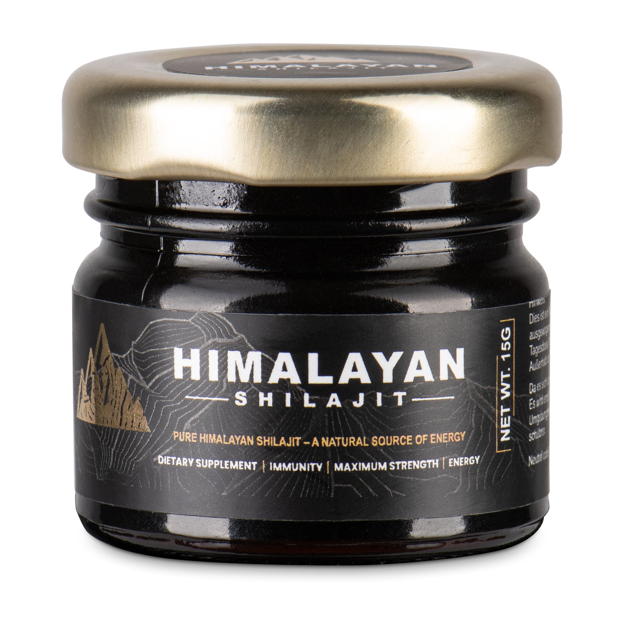 Vasetto nero di Shilajit. Coperchio dorato. Scritta: Himalayan Shilajit. Etichetta con informazioni sul prodotto.