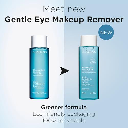 Due flaconi Gentle Eye Make-Up Remover. Testo: Meet new, Greener formula, Eco-friendly packaging, 100% recyclable.