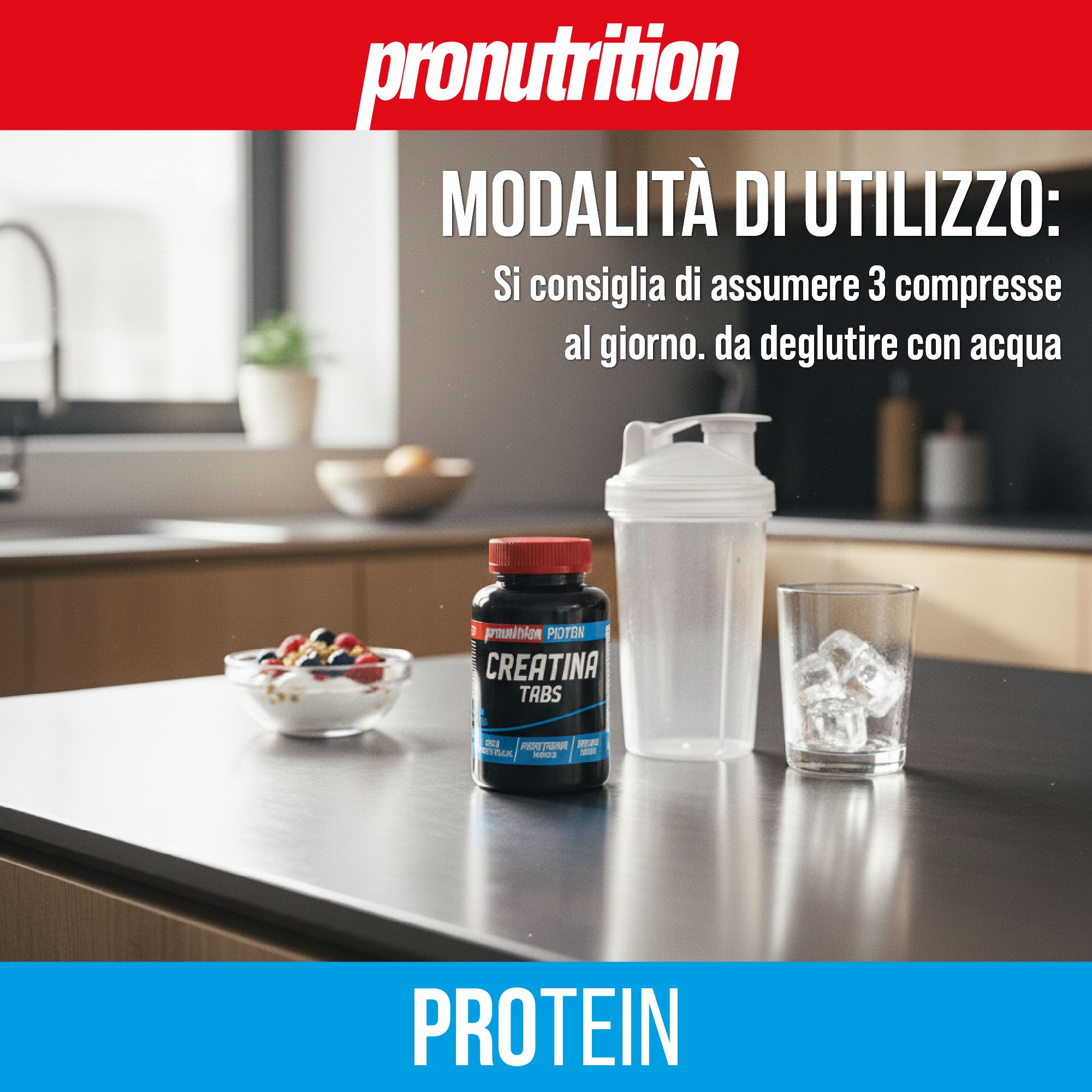 Flacone nero con tappo rosso, Creatina Tabs. Shaker, bicchiere con ghiaccio e ciotola di frutta. Istruzioni d'uso.