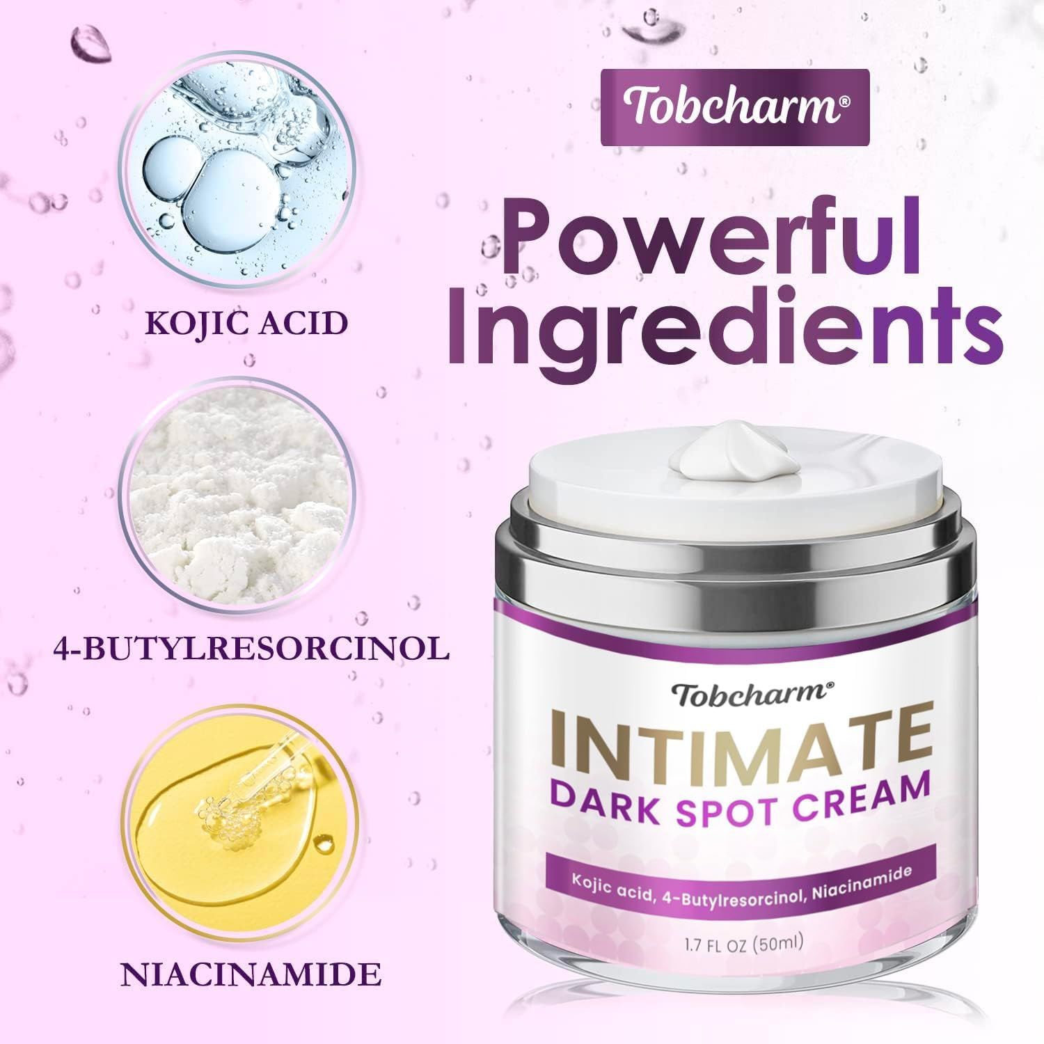 Ingredienti: Kojic Acid, 4-Butylresorcinol, Niacinamide. Vaso di crema. Scritta: Tobcharm Intimate Dark Spot Cream. Ingredienti.