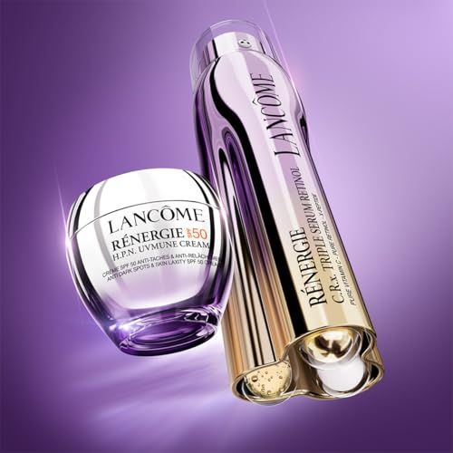 Due prodotti: vaso di crema e flacone. Scritta: Lancôme Rénergie. Sfumatura viola.