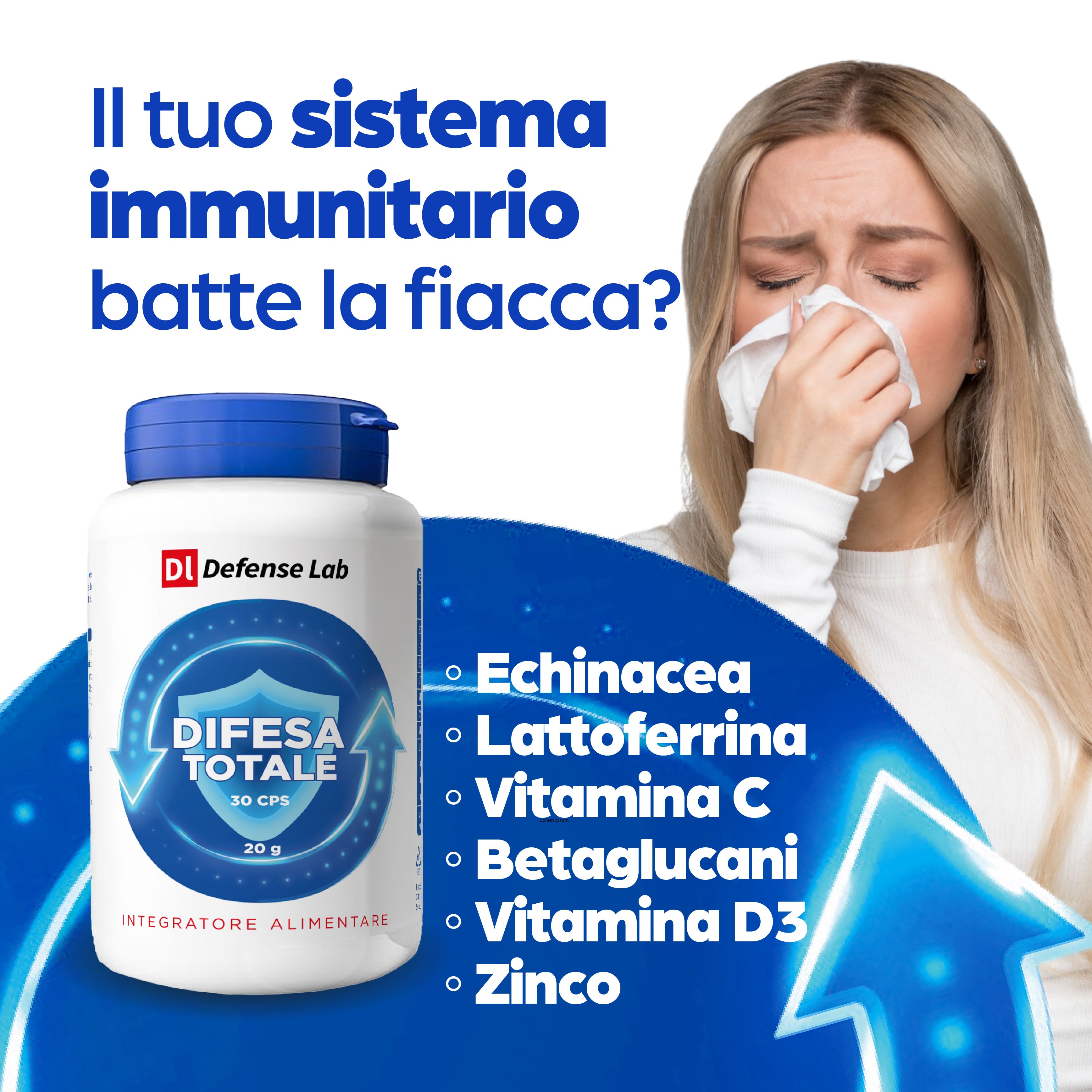 Flacone bianco con tappo blu. Logo: Defense Lab. Testo: Difesa Totale, 20g, 30 cps. Ingredienti: Echinacea, Lattoferrina, Vitamine C, D3, Zinco.