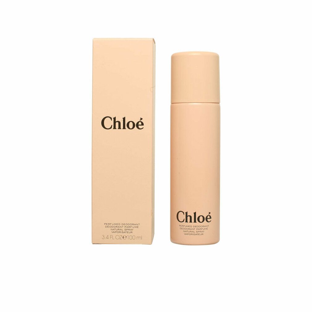 Spray deodorante rosa chiaro e confezione con logo Chloe nero. Confezione con informazioni.