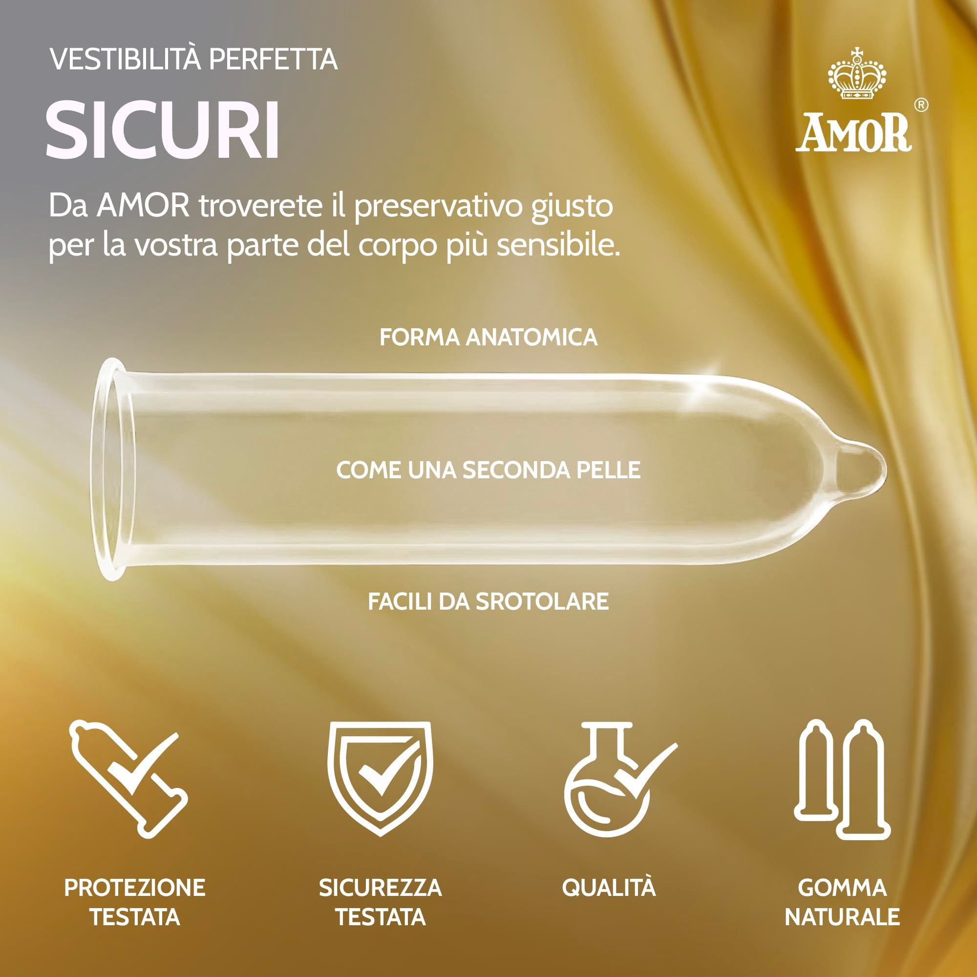 Un singolo preservativo Amor srotolato su sfondo dorato. Icone indicano protezione testata, sicurezza testata, qualità e gomma naturale.