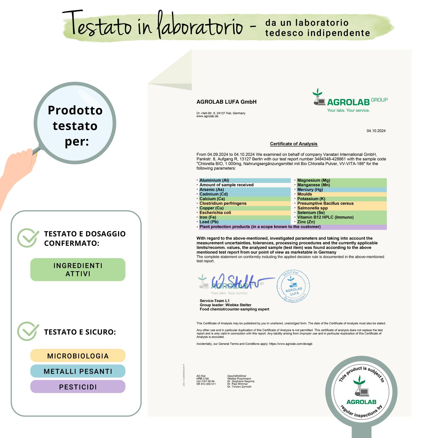 Certificato di Agrolab LUFA GmbH. Conferma: Ingredienti, micro-biologia, metalli pesanti, pesticidi. Prodotto testato.