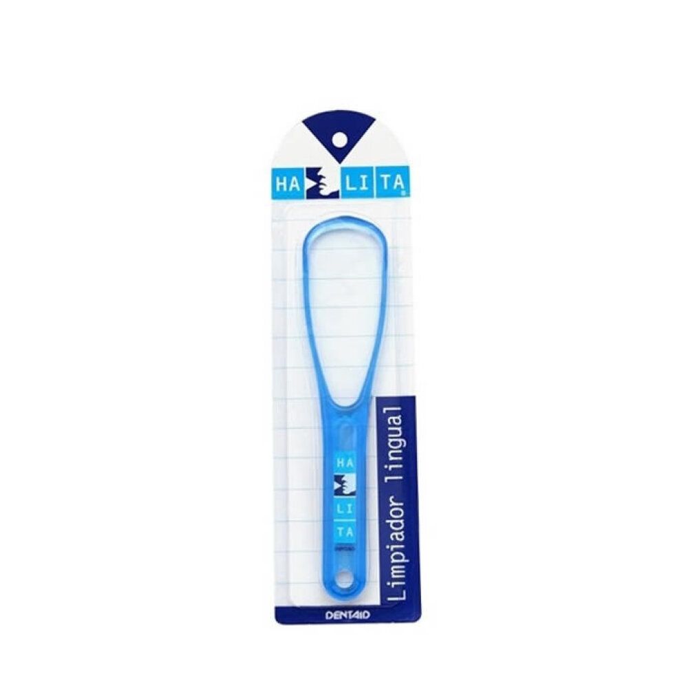 Pulitore per lingua blu in confezione blister. Nome del prodotto sulla confezione.