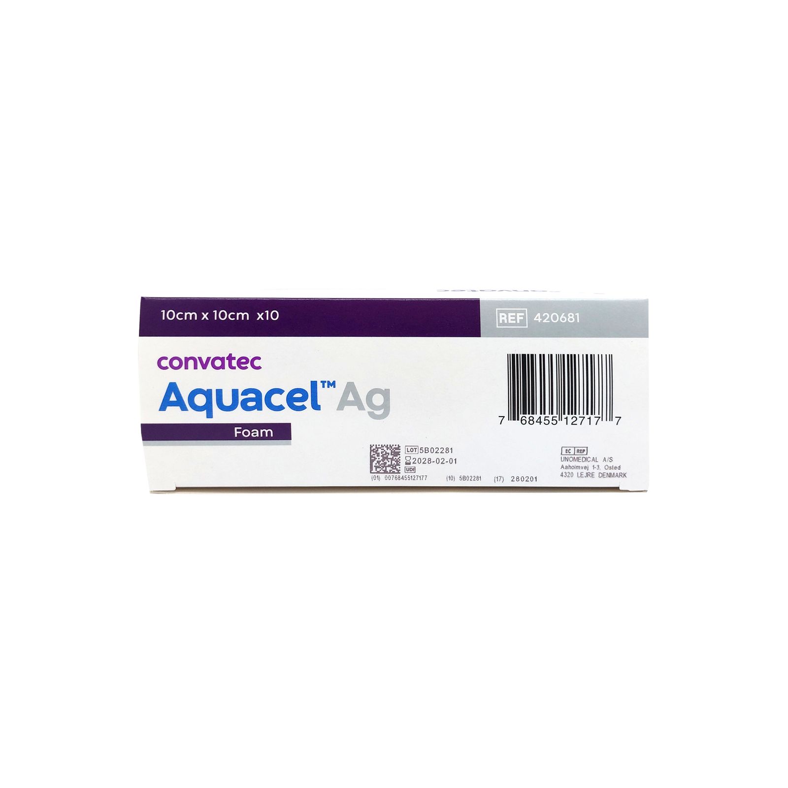 Scatola AQUACEL Ag Foam, 10x10 cm. Contiene informazioni sul prodotto e codice a barre. Marchio Convatec.
