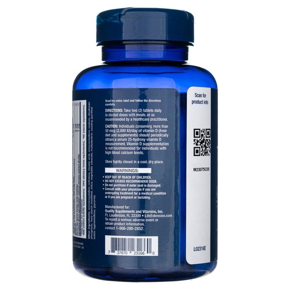 Retro della bottiglia con codice QR, codice a barre e informazioni sul prodotto per Life Extension Two-Per-Day Multivitamin.