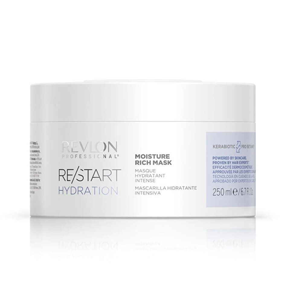 Vaso bianco Revlon Professional Re/Start Hydration. Testo: Moisture Rich Mask, 250 ml. Kerabiotic Pro Betaine.