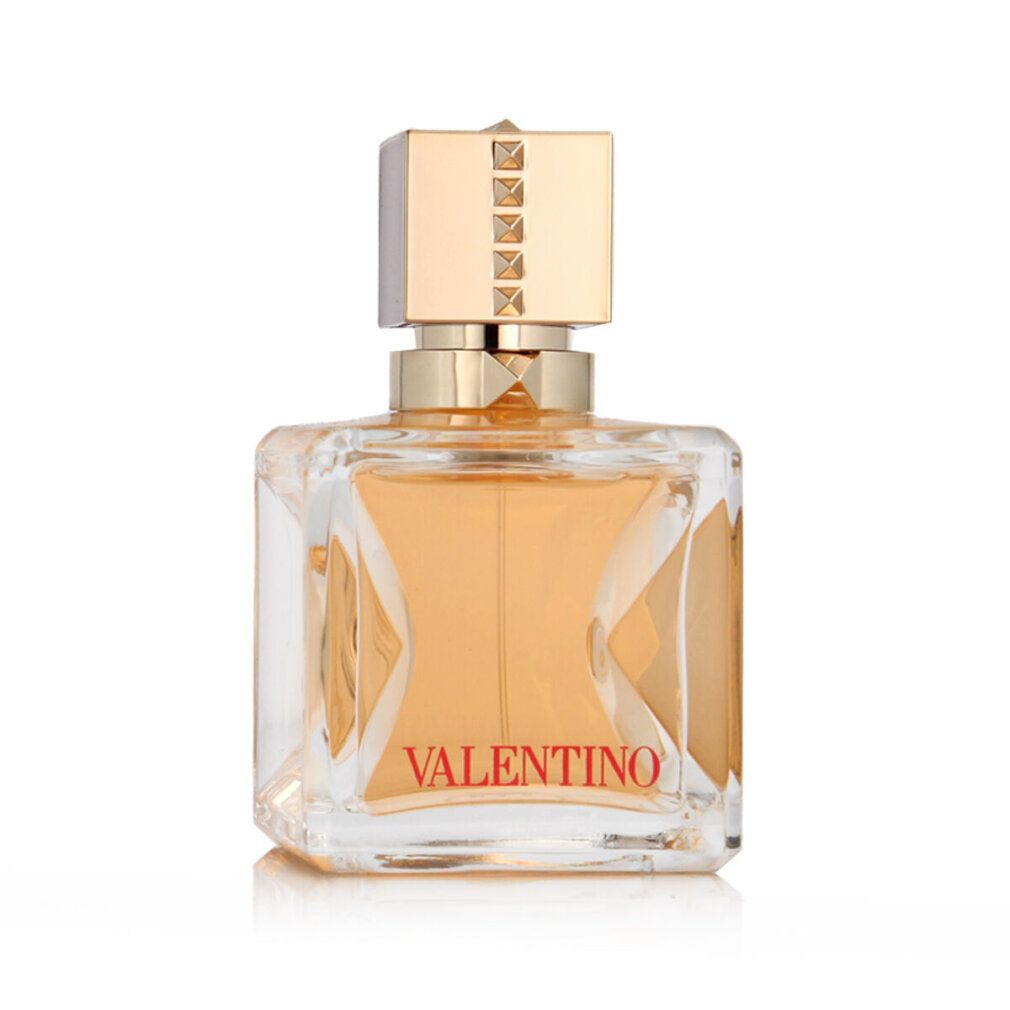 Flacone di profumo quadrato con tappo dorato. Scritta 'Valentino'.
