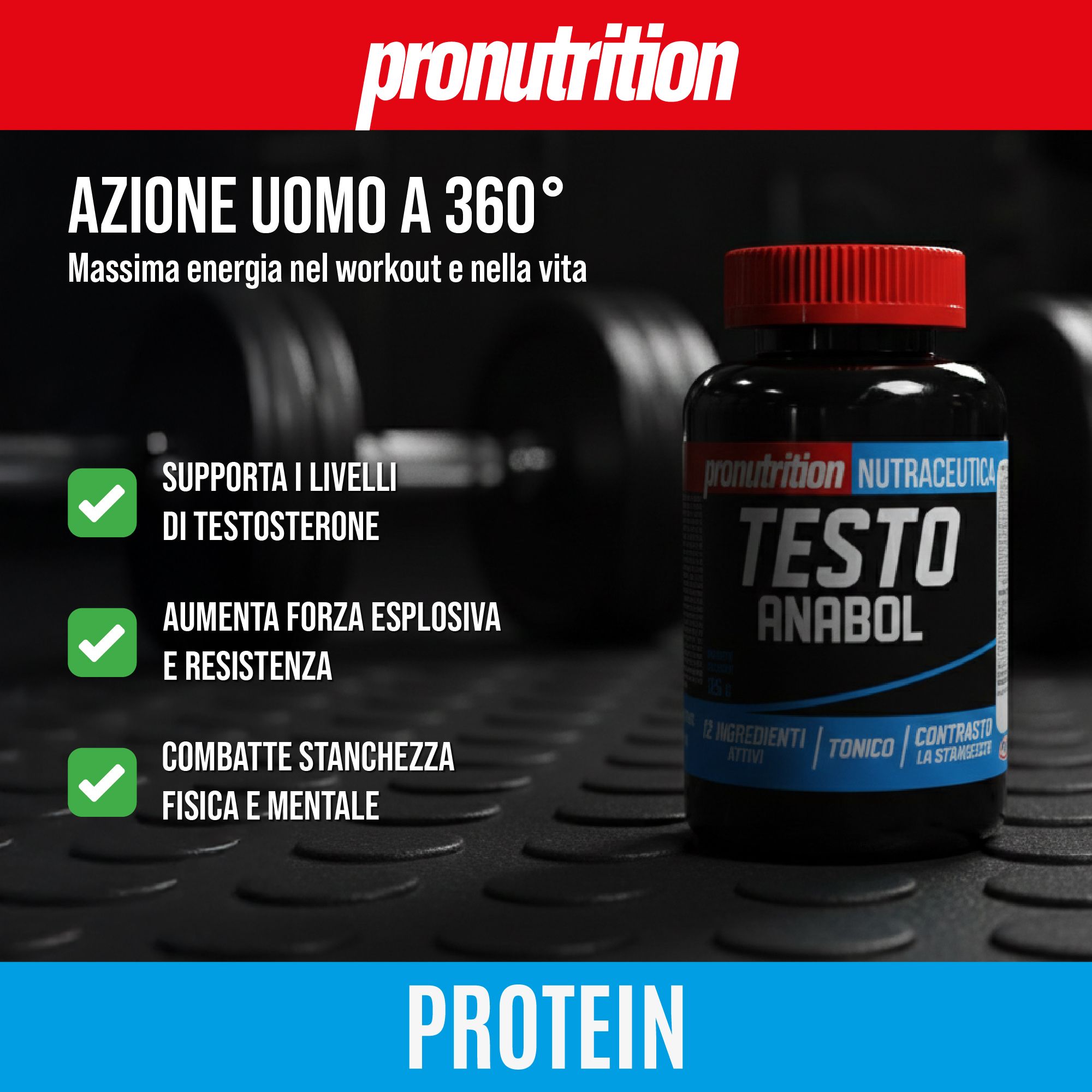 Flacone nero con tappo rosso. Scritta: Testo Anabol. Testo: Supporta testosterone, aumenta forza, combatte affaticamento.