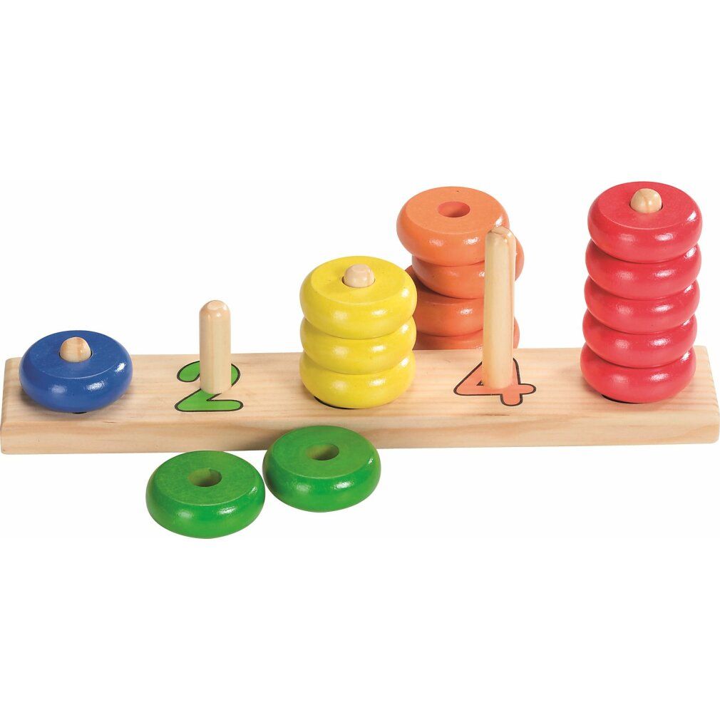 Puzzle in legno con anelli colorati su tavola. Anelli: blu, verde, giallo, arancione, rosso. Numeri 2 e 4.