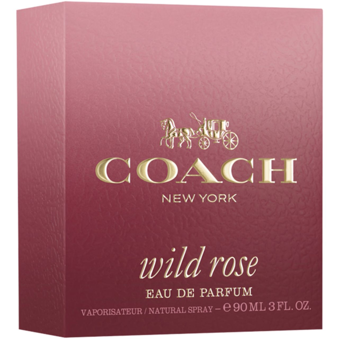Confezione rettangolare nei toni del rosa. Scritta dorata "COACH NEW YORK" e "wild rose".