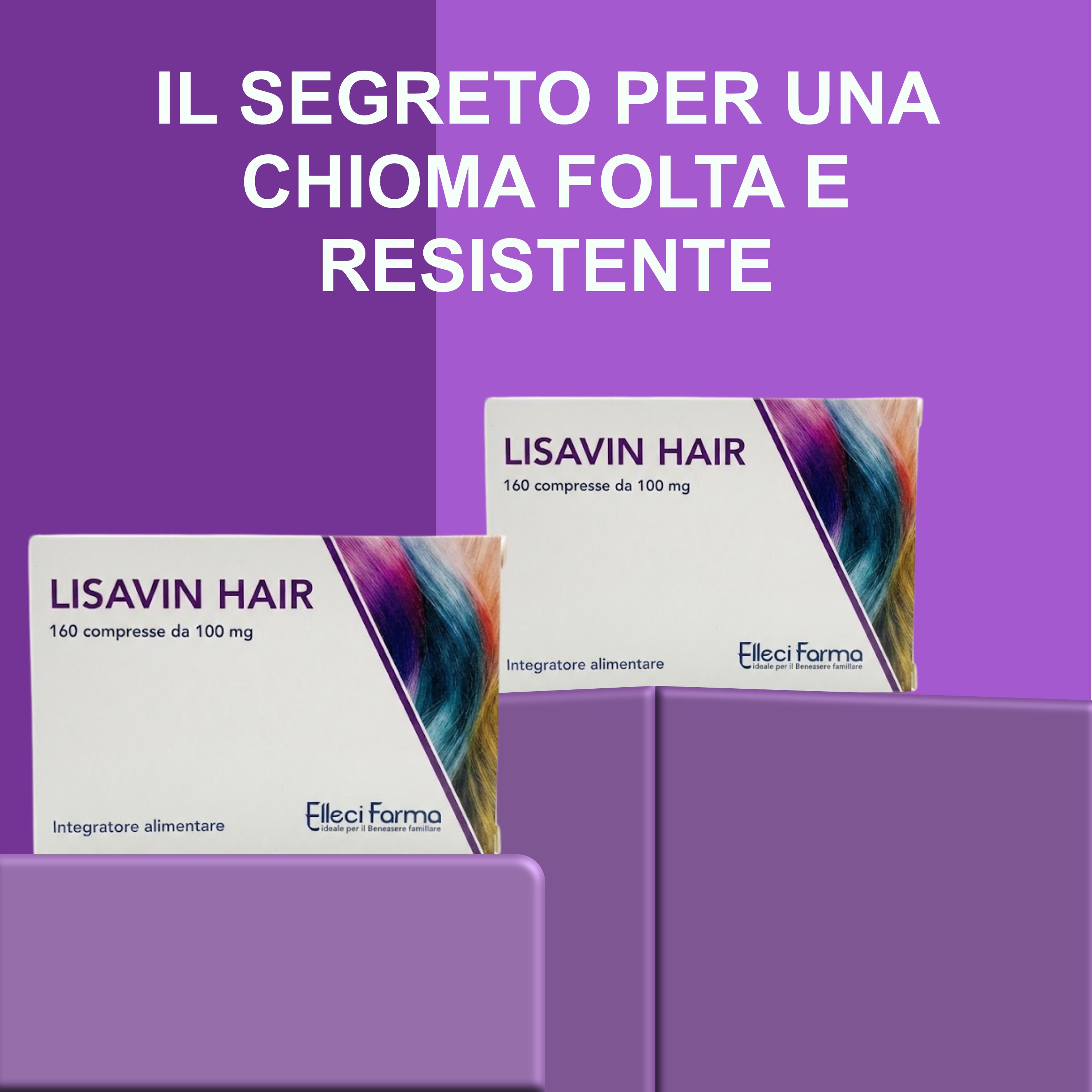 Due confezioni del prodotto Lisavin Hair. Su sfondo viola.