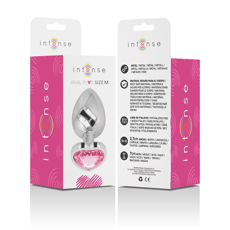 Plug anale Intense in metallo con strass rosa, taglia M, confezione fronte.