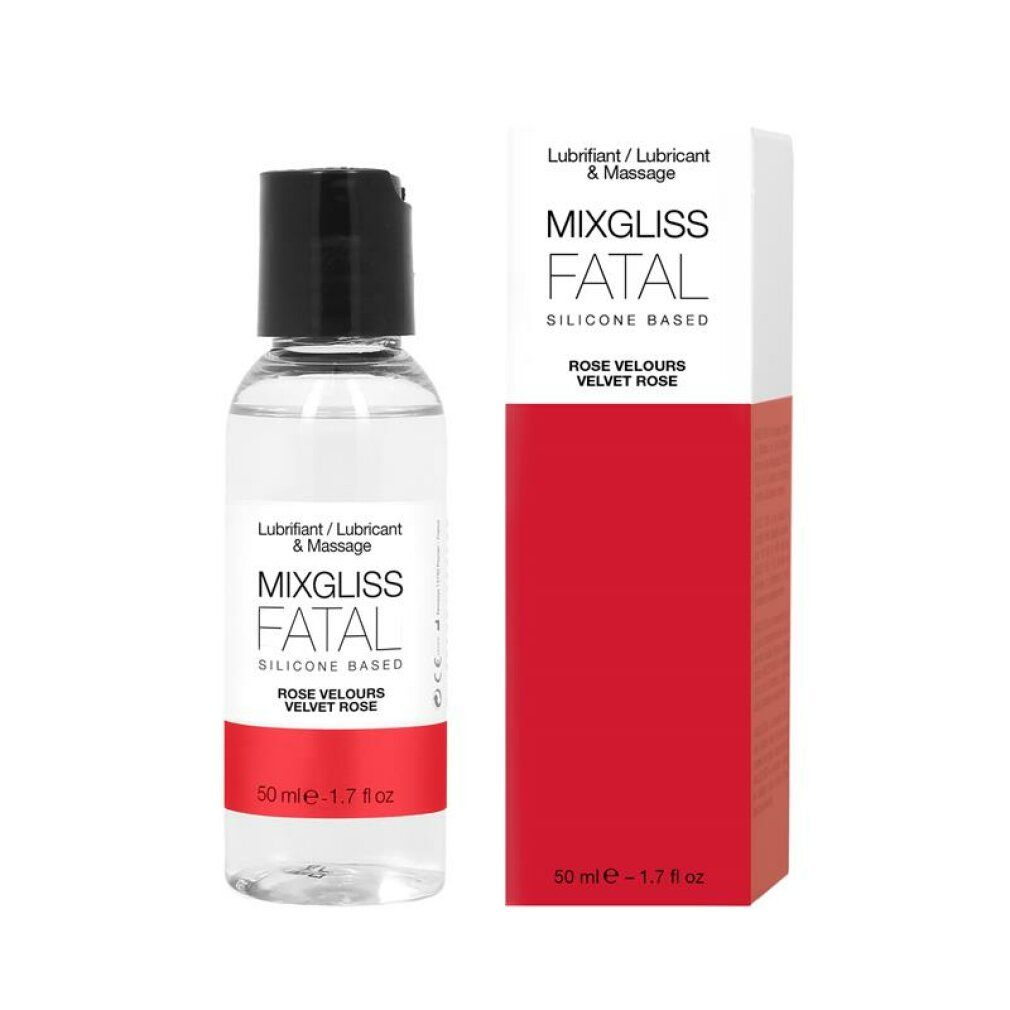Liquido in bottiglia con tappo nero e confezione rossa. Scritta: Mixgliss Fatal, Rose Velours.