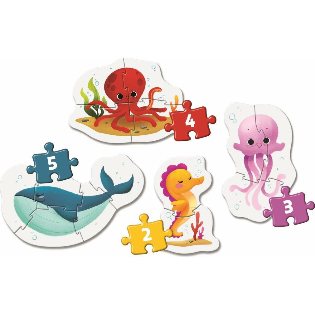 Quattro puzzle di animali marini. Ogni puzzle è composto da più pezzi. Soggetti: polpo, balena, cavalluccio marino, medusa.