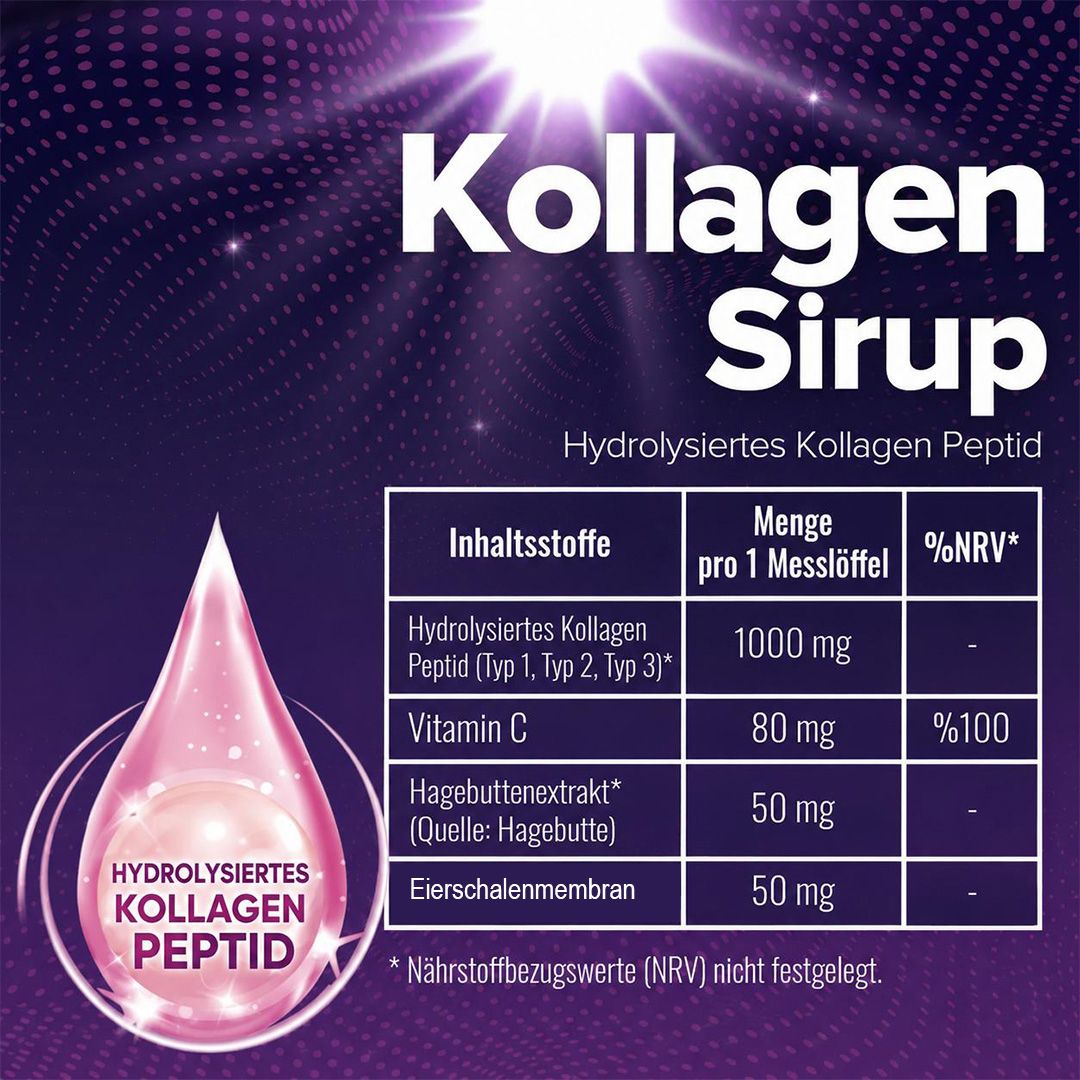 Sciroppo di collagene con peptide di collagene idrolizzato, vitamina C, estratto di rosa canina e membrana di guscio d'uovo. Tabella ingredienti e quantità.