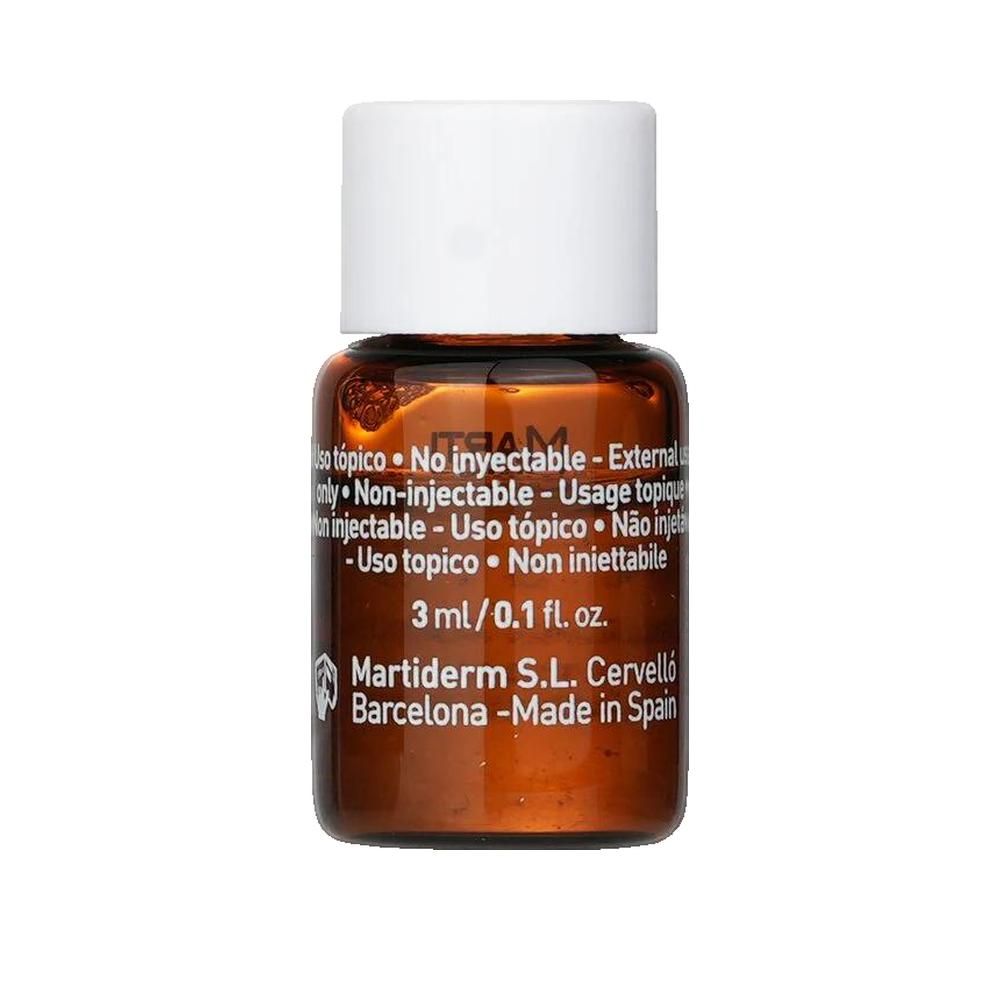 Fiala in vetro marrone, tappo bianco. Scritta: 3 ml/0.1 fl. oz. Marchio Martiderm. Prodotto in Spagna.