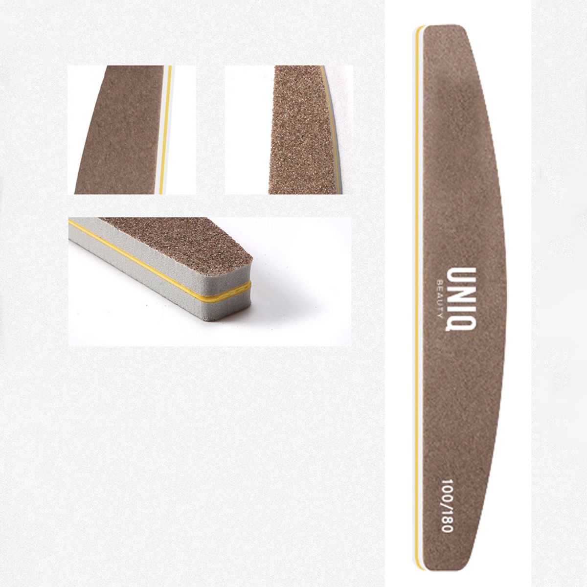 Lima per unghie marrone a mezzaluna, grana 100/180, con bordo giallo.