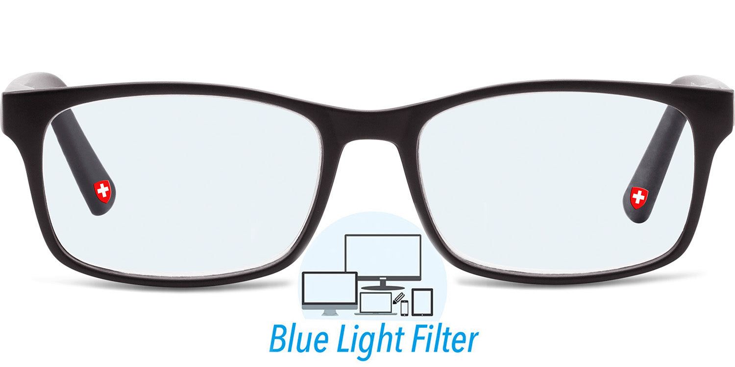 Occhiali neri con lenti rettangolari. Croce svizzera sulle aste. Testo: Filtro luce blu. Grafica: schermi.