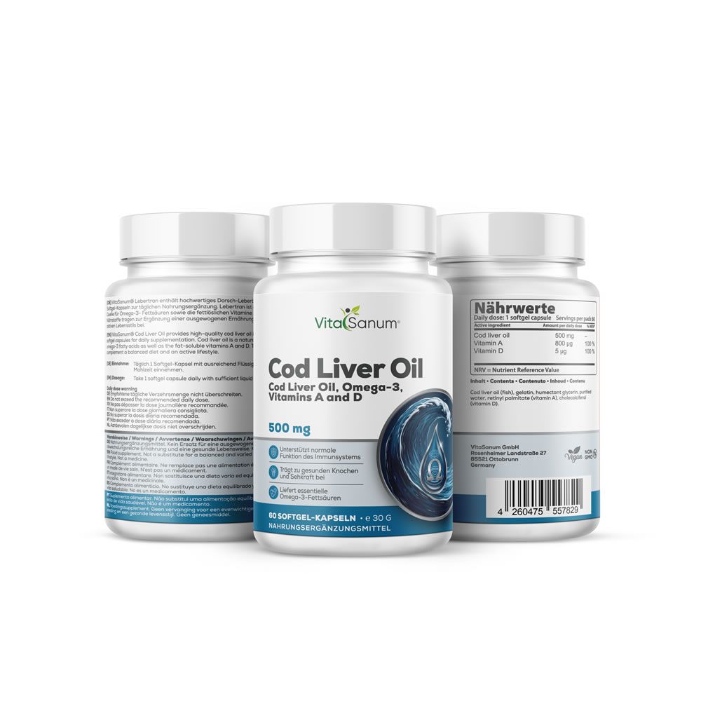 Tre flaconi VitaSanum® Cod Liver Oil. Contiene Omega-3, vitamine A e D. 500 mg per capsula. 90 capsule.