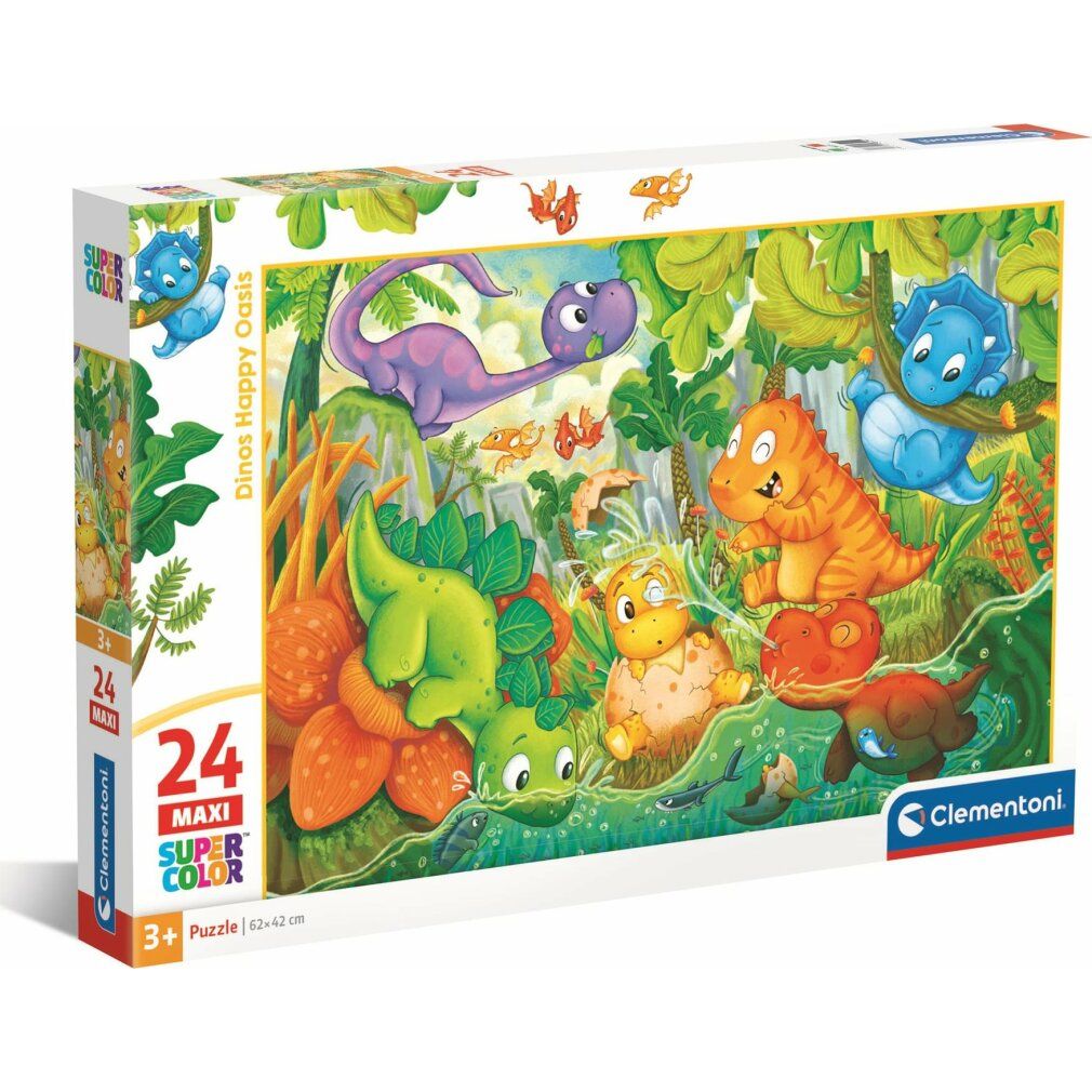 Confezione del puzzle. Mostra il puzzle finito con i dinosauri. Marchio Clementoni, 24 pezzi, Maxi.