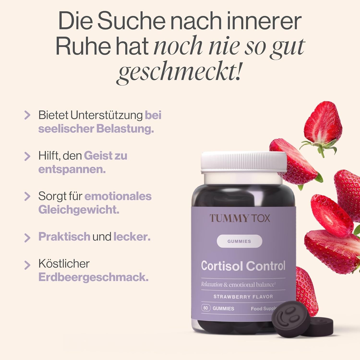 Prodotto con fragole e caramelle gommose. Scritta: Tummy Tox, Cortisol Control, gusto fragola. 60 caramelle.