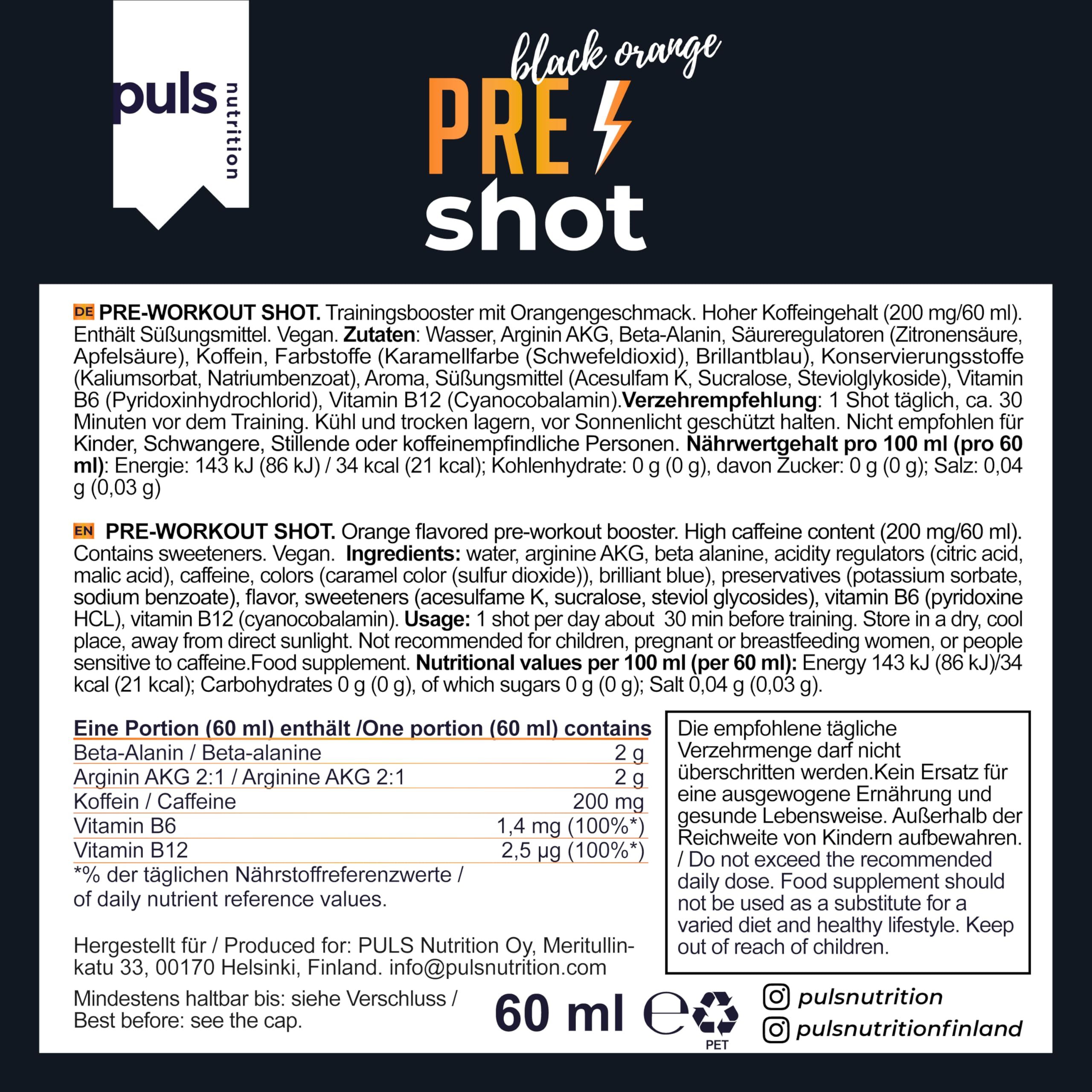 Bottiglia Puls Nutrition Pre Workout Shot Black Orange con informazioni nutrizionali.