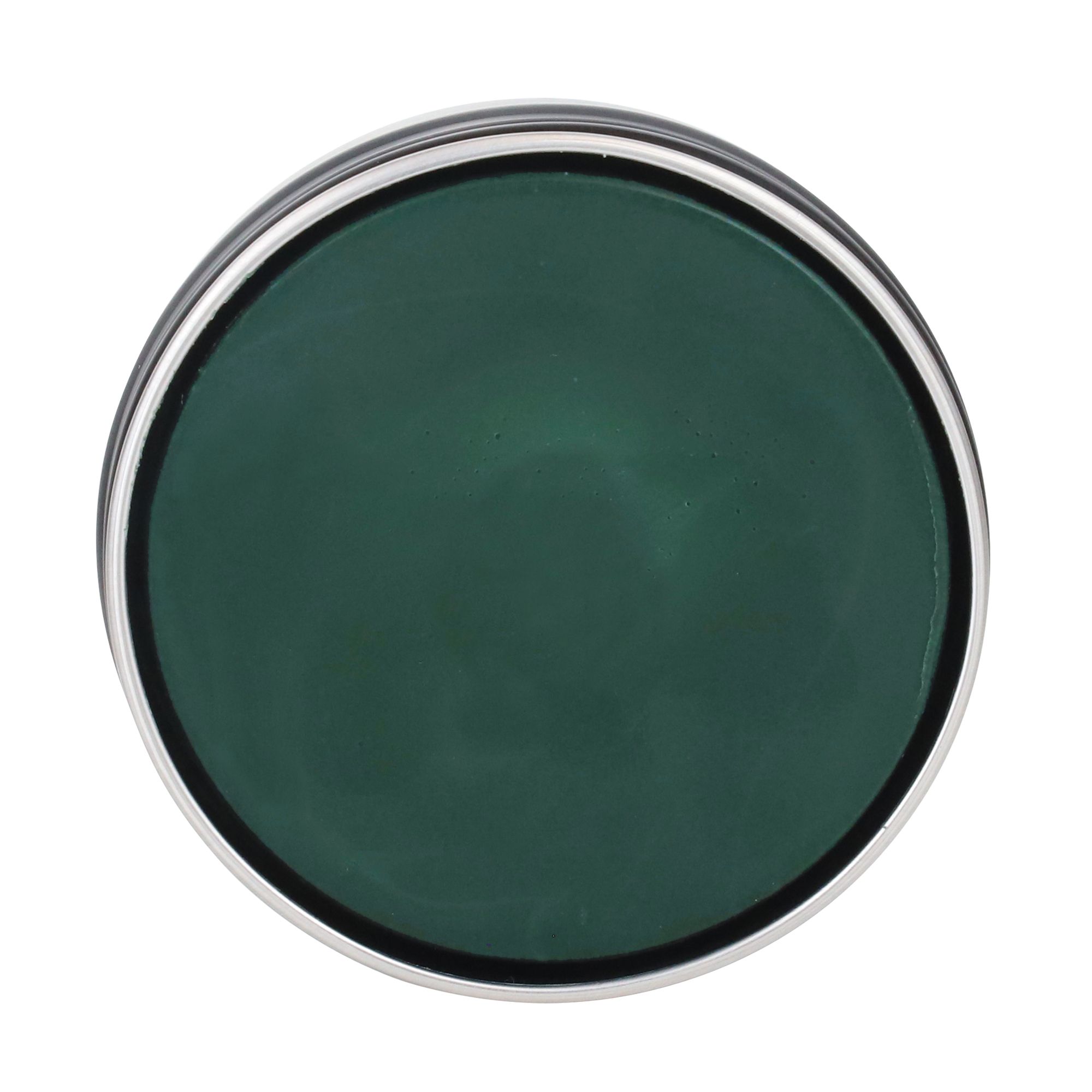 Maschera viso verde in un barattolo. Forma rotonda, bordo argentato. Colore verde scuro, superficie liscia.